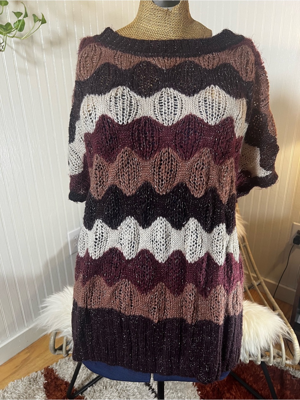 dressbarn Wavy-Stripe Crewneck Sweater in Burgundy, Cream, Brown & Black
